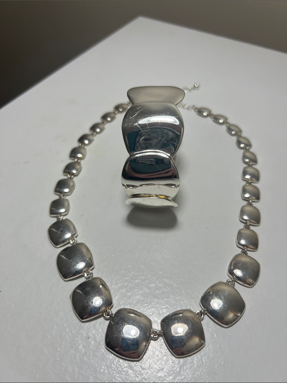 Polished Vintage Silver-Tone Cushion Link Necklace and Statement Cuff Bracelet